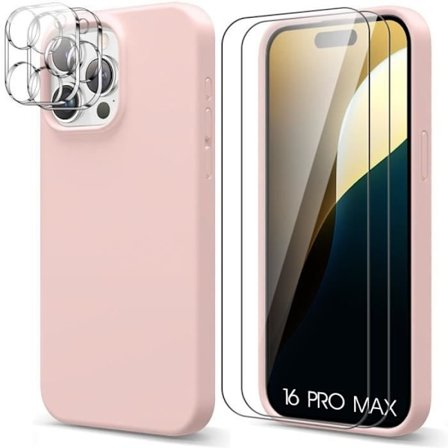 Skyddsfodral - BOOLING - för iPhone 16 Pro Max - Rosa Silikon - 2 Härdade Glas - Enkel Installation