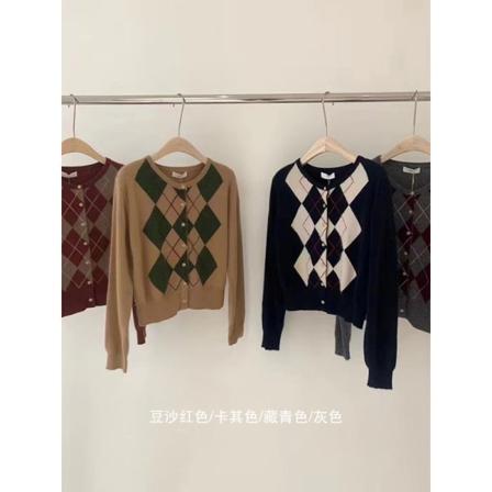 Kvinder Strik Efterår Vinter Sweater Cardigan Sweater College Style Varm Vintage Diamond Gitter Navy blue 51*96*60cm