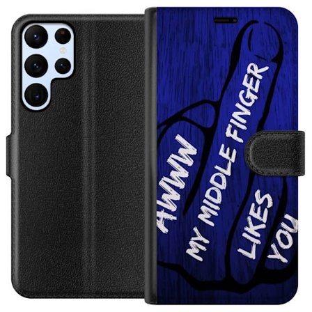 Kompatibelt Lommeboketui til Samsung Galaxy S24 Ultra Mørk typografisk illustrasjon med hjerteform og budskap om vennskap mot dyp blå tretekstur