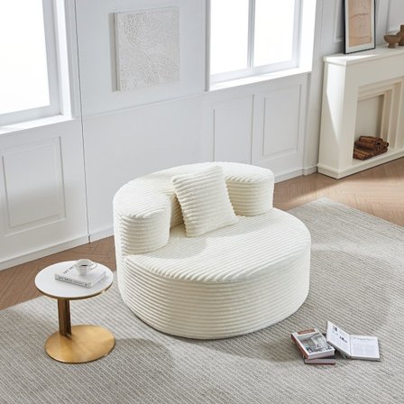 Accent Sittpuff Fåtölj Beige, Flanellfåtölj med Kudde, Rund och Mjuk Loungestol för Vardagsrum, Sovrum eller Studentstudio