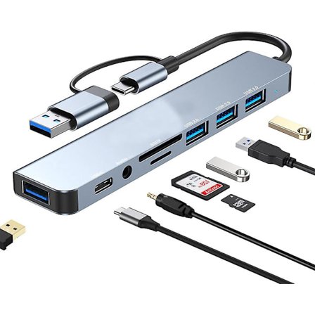 USB-C Hub 3.0, 8-in-2 USB Hub 3.0 -moniporttisovitin SD- ja TF-kortinlukijalla, USB 3.0- ja USB 2.0 -portit, 100 W PD, 3,5 mm:n audioportit, USB Type 