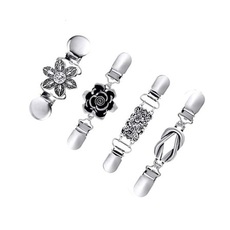 Set med 4 silver sweater clips, pärlade cardigan clips, eleganta pärlor, cardigan krage clips