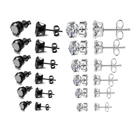 Rostfritt stål Herr Dam Örhängen Svart och Silver Rund Cubic Zirconia Inlägg, 12 Par 3mm - 8mm