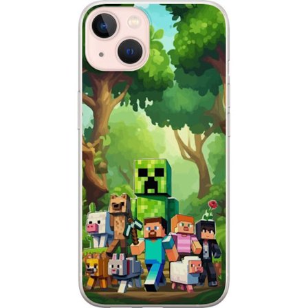 Kompatibel Mobilcover til Apple iPhone 13 Klodset pixeleret spilverden med grønne figurer og dyr i frodig skovmiljø