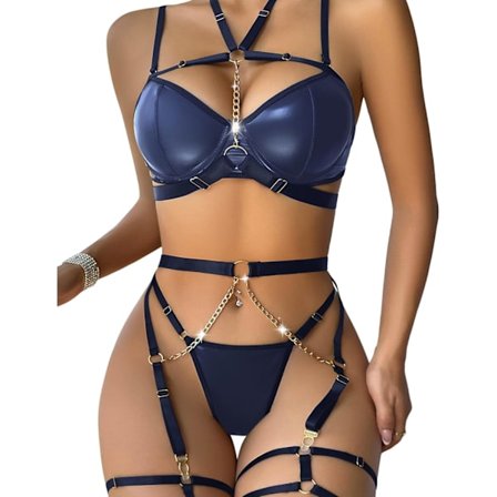 osy Sexy Underwire Søt Transparent Kawaii Strømpebånd Undertøy Set BH og Truser 3 Deler Lær Marineblå Bl Stor