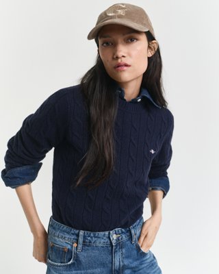 GANT - Kabelstrikket genser i lammeull med rund hals til dame evening blue