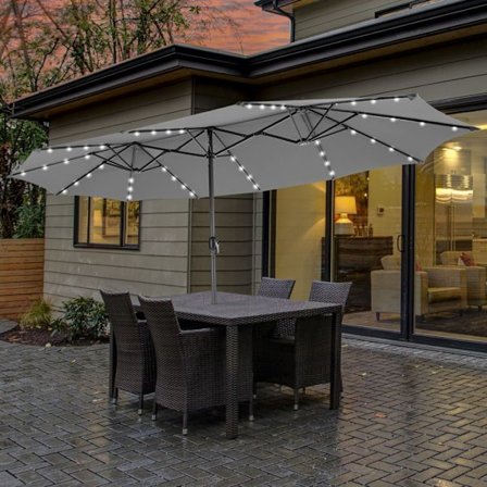 COSTWAY Dubbel Haveparasol med 48 Solcelle LED-lys, 12 Ribber, 470 x 280 x 246 cm, til Terrasse, Have, Grå