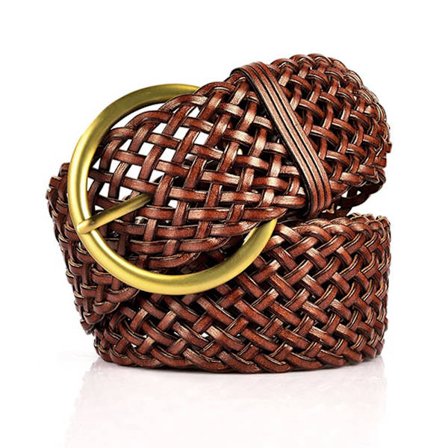 2 tommers bredt flettet belte i skinn for kvinner Håndlaget myke vevde midjebånd med gullfarget rund spenne (lys kaffe)