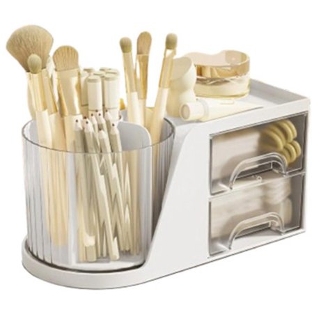 Roterende Makeup Organizer med Flere Rum & Dobbelt Skuffe - Bordopbevaringsboks til Børster Penne Kosmetik - Kompatibel med MAC Sephora