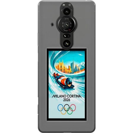 Kompatibel Mobilcover til Sony Xperia Pro-I Dynamisk bob eller skeletonrytter i iskanal med Milano Cortina 2026, byens skyline og olympiske ringe