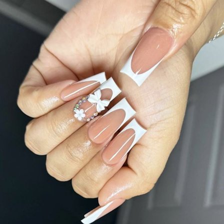 24 stk. Lange Firkantede Press-on Negle Franske Blomstersløjfer Kunstige Neglesæt til Kvinder