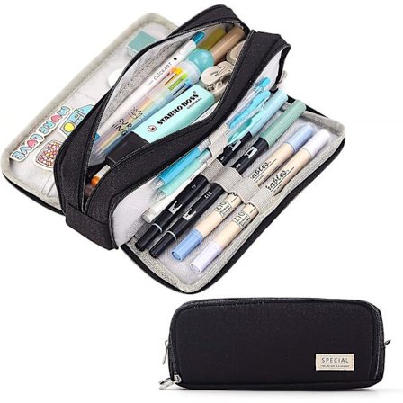 Large Capacity Pencil Case 3 Compartment Pouch Pen Bag For School Teen Girl Boy Men Women (black)