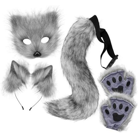 Plush mask med räv svans och öron set, katt svans räv kostym cosplay kostym med katt öron och tass handskar halloween cosplay