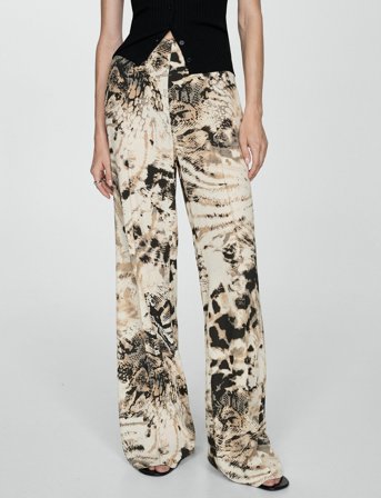 Mango Fluid Animal- Print Trousers - Beige - 34