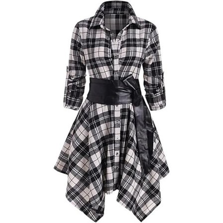 Dam Skjortklänning Rutig Tartanskjorta Långärmad Blus Miniklänning Lång Topp Midjebälte Plädskjorta Kjol