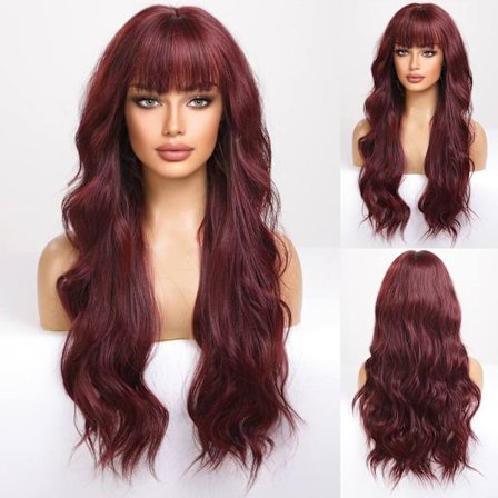 Parykker til kvinder Lang bølget parykker med pandehår Syntetisk fiber parykker til hvide kvinder (Vinrød)