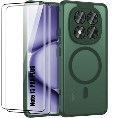 Cover + 2 Våde Glas til Xiaomi Redmi Note 15 Pro Plus 5G - med Magnetisk Ring - Mørkegrøn