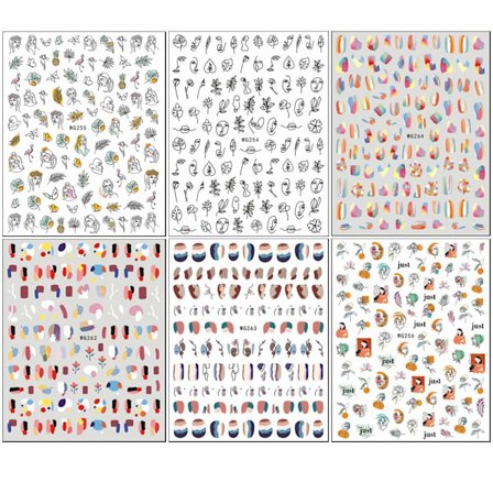 (6 Ark) Graffiti Morsomme Negleklistremerker, Abstrakte Negledekaler 3D Selvklebende Abstrakt Dameansikt Roseblad Negledesign Manikyr Tips Neglepynt