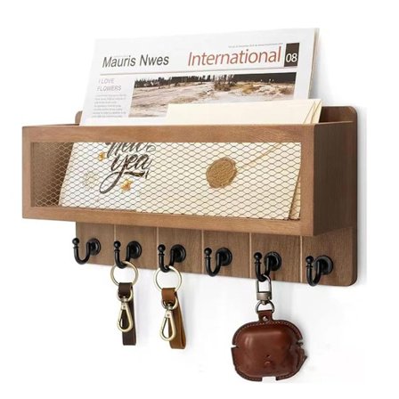 Veggmontert post- og nøkkelorganisator med flytende hylle - Treinnredning for entré i brunt