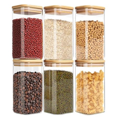 Glasskrukker Sett med 6 Lufttette Glasskrukker 750ml Glasskrukke med Bambuslokk, for Müsli, Cornflakes, Bønner
