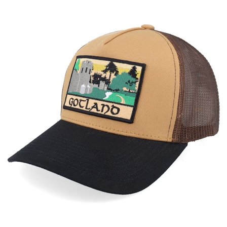 Wild Spirit - Bruin trucker Cap - Swedish Gotland Landscape Wheat/Brown/Black A-Frame Trucker @ Hatstore