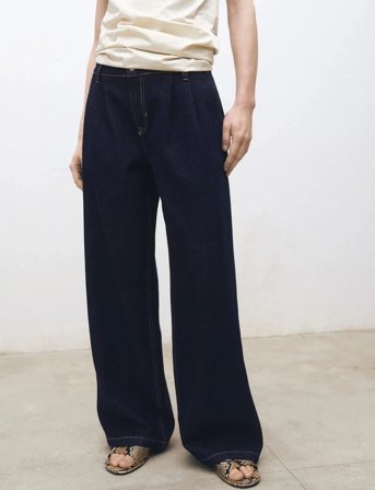 Mango Rinse-Wash Wide Leg Jeans With Pleats - Blue - 38