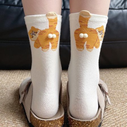 Par Beige; Størrelse: One Size - Dame Mid-Calf Sokker med Morsomt Kattemønster, 1 Par, Komfortabel og Myk Polyester 3D-Print, Casual Sokker for Alle 