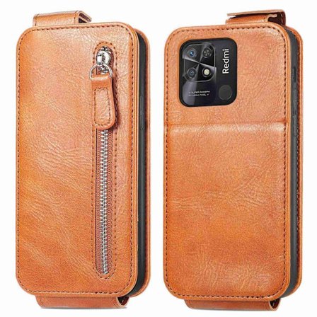 Vertical Flip Phone Suojakotelo With Zipper For Xiaomi Redmi 10C - Ruskea