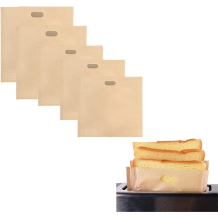 5 kpl Uudelleenkäytettäviä leivänpaahdinpusseja, tarttumattomia paahdettuja voileipäpusseja, tukeva muovipussi voileiville, helppo avata, paahtopussit