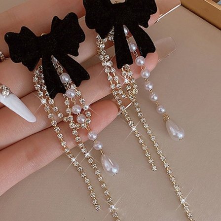 1 par kunstige perlehængende øreringe med sort sløjfe, luksuriøse rhinestone kæde-tassel øreringe, stilfulde og elegante lange øreringe, s (FMY)