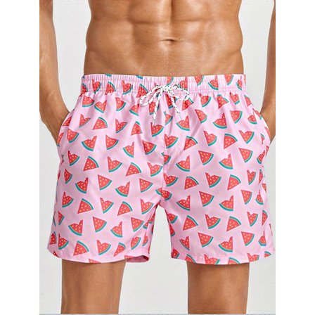 Nye modeller Vannmelon Print Herre Hurtigtørkende Hawaiianske Badeshorts med Lommer, Casual Tegneserie Mønster Snøring Badebukser For Sommerferie 