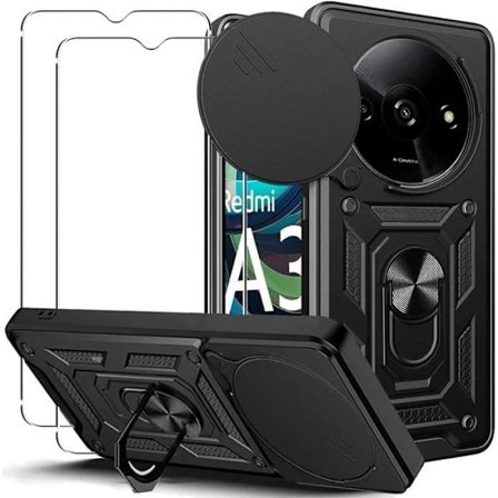 Coque til Xiaomi Redmi A3 - Stødabsorberende - Rotérbart ringefourd - 2 hærdede glas - Sort