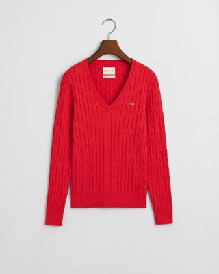 GANT - Kabelstrikket bomullsgenser med stretch og v-hals til dame bright red