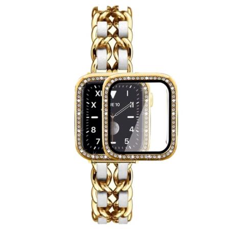 Metallrem+ case För Apple Watch 8 7 45mm 41mm Armbandsbyte i rostfritt stål För iwatch 6 5 3 SE 44mm 42mm 40mm Gold white For 42mm