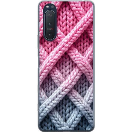 Kompatibelt Mobildeksel til Sony Xperia 5 II Nærbilde av flettet tekstilmønster i rosa, grå og hvite nyanser med taktile strukturer