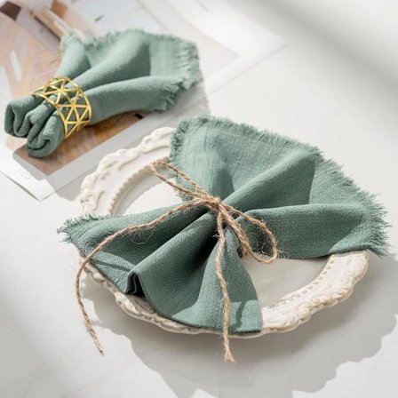 Set med 4 Gröna Servetter, 45 x 45 cm, Fransade Tygservetter för