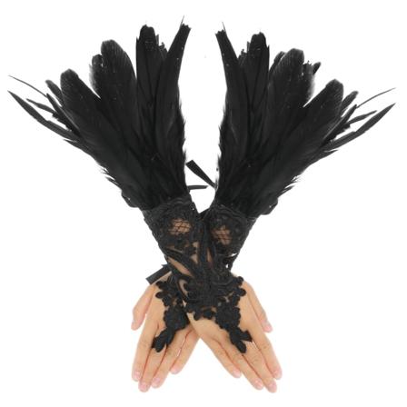 Naisten pitkät sulkakoristeiset pitsihanskat, mustat pitsihanskat ilman sormia, Halloween-asujuhlan hanskat, oopperan cosplay-asuasusteet