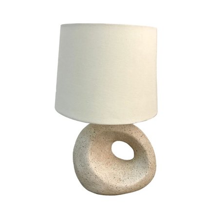 Pöytävalaisin – beige kangasvarjostin, valkoinen polyresiinijalka