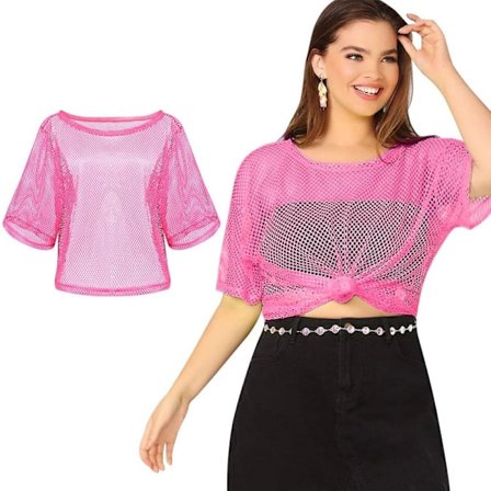 80-tals Neon Party Kläder Kostym Tillbehör Set, 1980-tals Retro Tema Party Dekoration Outfit för Kvinnor Flickor T-shirt-rosa röd