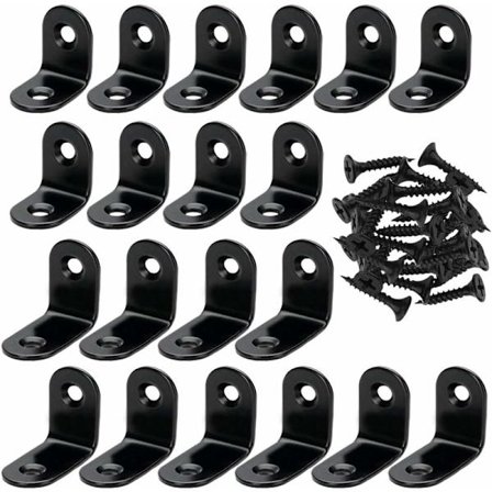 20 stk. L-formet vinkelbeslag med 40 stk. skruer, rustfritt stål vinkelbeslag for treverk, svart