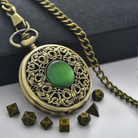 Mini DND Tärningssats med Steampunk Brons Hålbox för Fickur, 7-delad Polyhedral Metalltärningssats, Dungeons & Dragons Present