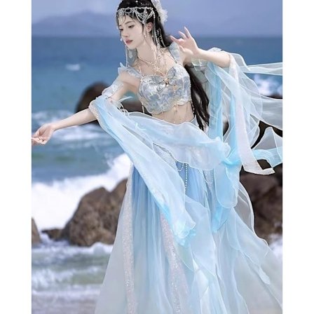 Blå Havfrue Prinsesse Dansekjole, Etnisk Broderet Kostume med Aftagelige Vinger & Taljekæde - Fe Mavedans Outfit f