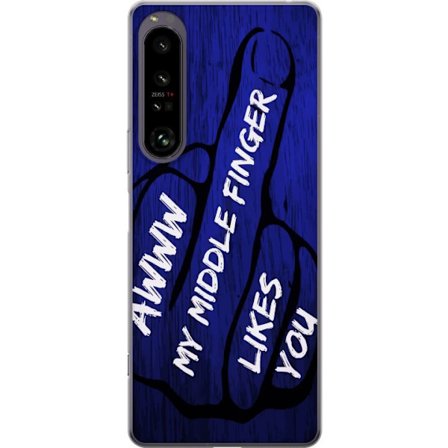 Kompatibelt Mobildeksel til Sony Xperia 1 IV Mørk typografisk illustrasjon med hjerteform og budskap om vennskap mot dyp blå tretekstur