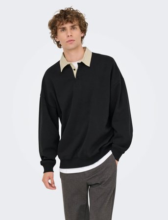 ONLY & SONS Onsjeffrey Vtg Ls Rugby Solid Polo - Black - M