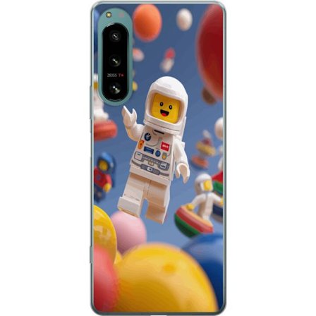 Kompatibelt Mobilskal till Sony Sony Xperia 5 IV LEGO-inspirerad astronautfigur i rymden bland färgglada planeter, lekfull 3D-illustration för barnr