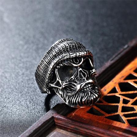 Ring med skelett rostfritt stål kranium med mössa punk rock Silver one size