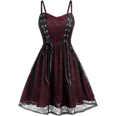 Retro Rockabilly Skull Klänning, Elegant Halter Klänning med remmar, Skull Print Swing Vintage Party Klänningar, A-Line Boho Cocktail Klänning, 