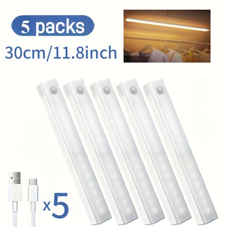 5-pakning LED-strips med bevegelsessensor | USB-oppladbar, magnetisk, dobbel fargetemperatur | Premium datatilbehør 30cm/11.8in-FX-