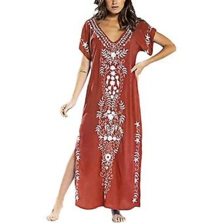 Kvindesøm Broderet Kortærmet Bikini Badetøj Cover Up Side Split -r ( )