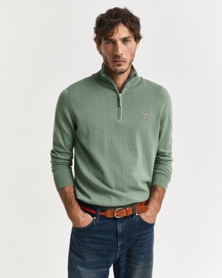 GANT - Klassisk bomullsgenser med half-zip til herre kalamata green
